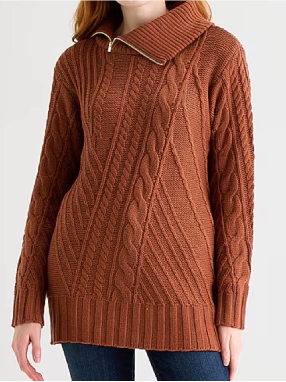 St. John's Bay Rust Cable-Knit Zip-Collar Sweater